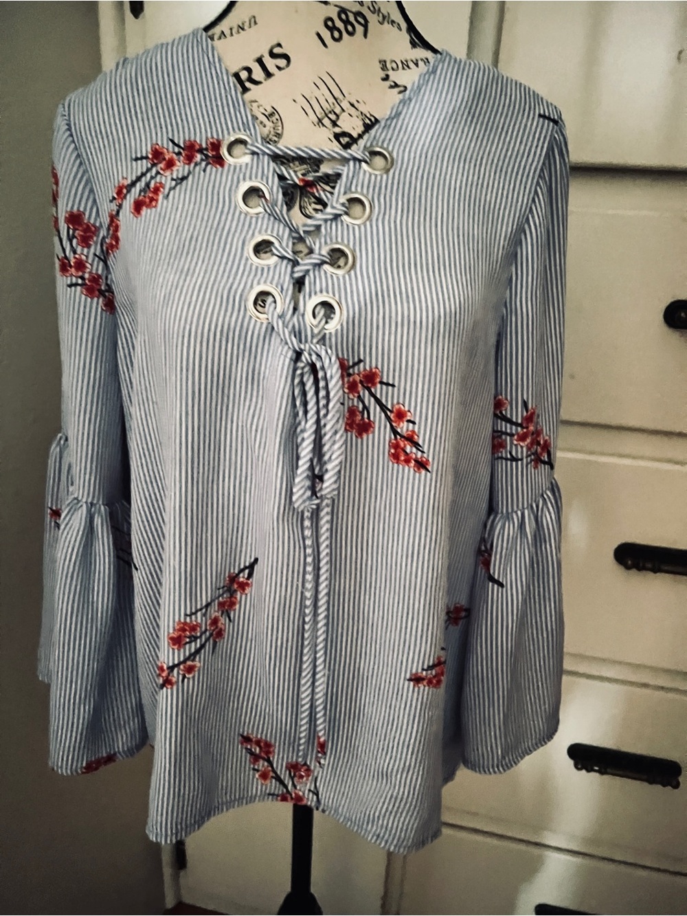 Striped Lace-Up Floral Bell Sleeve Top - Blue with Red Floral